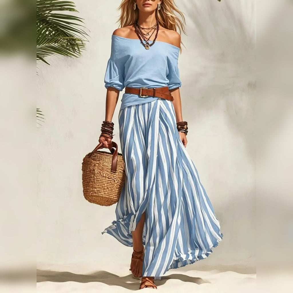 Conjunto feminino boho de top com mangas bufantes e saia comprida às riscas – fotografia 23