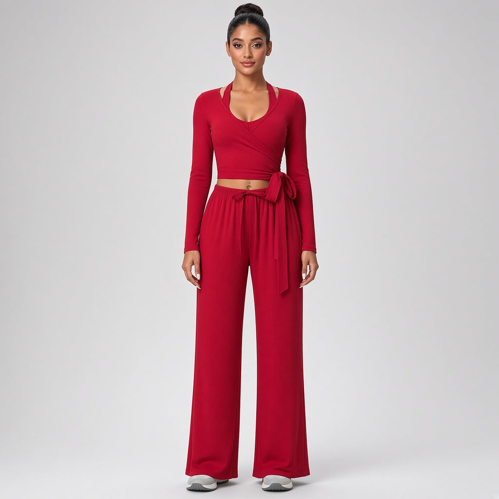 Dhara – Conjunto de Yoga com Top de Manga Comprida e Calças Largas – Cor Vermelho
