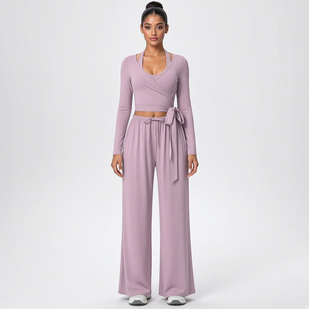 Dhara – Conjunto de Yoga com Top de Manga Comprida e Calças Largas – Cor Roxo