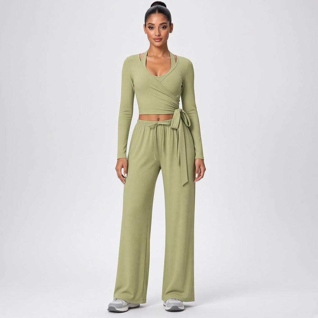 Dhara – Conjunto de Yoga com Top de Manga Comprida e Calças Largas – Cor Verde
