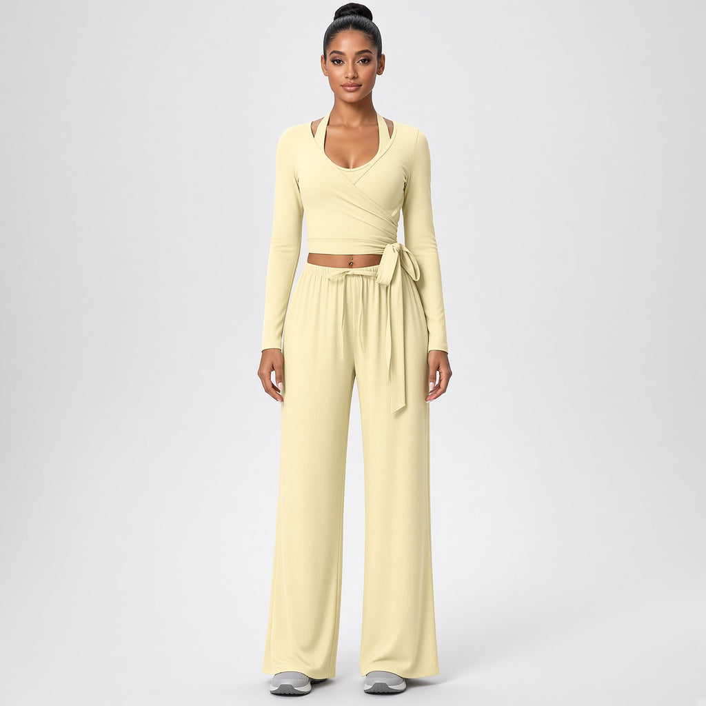 Dhara – Conjunto de Yoga com Top de Manga Comprida e Calças Largas – Cor Amarelo-Claro
