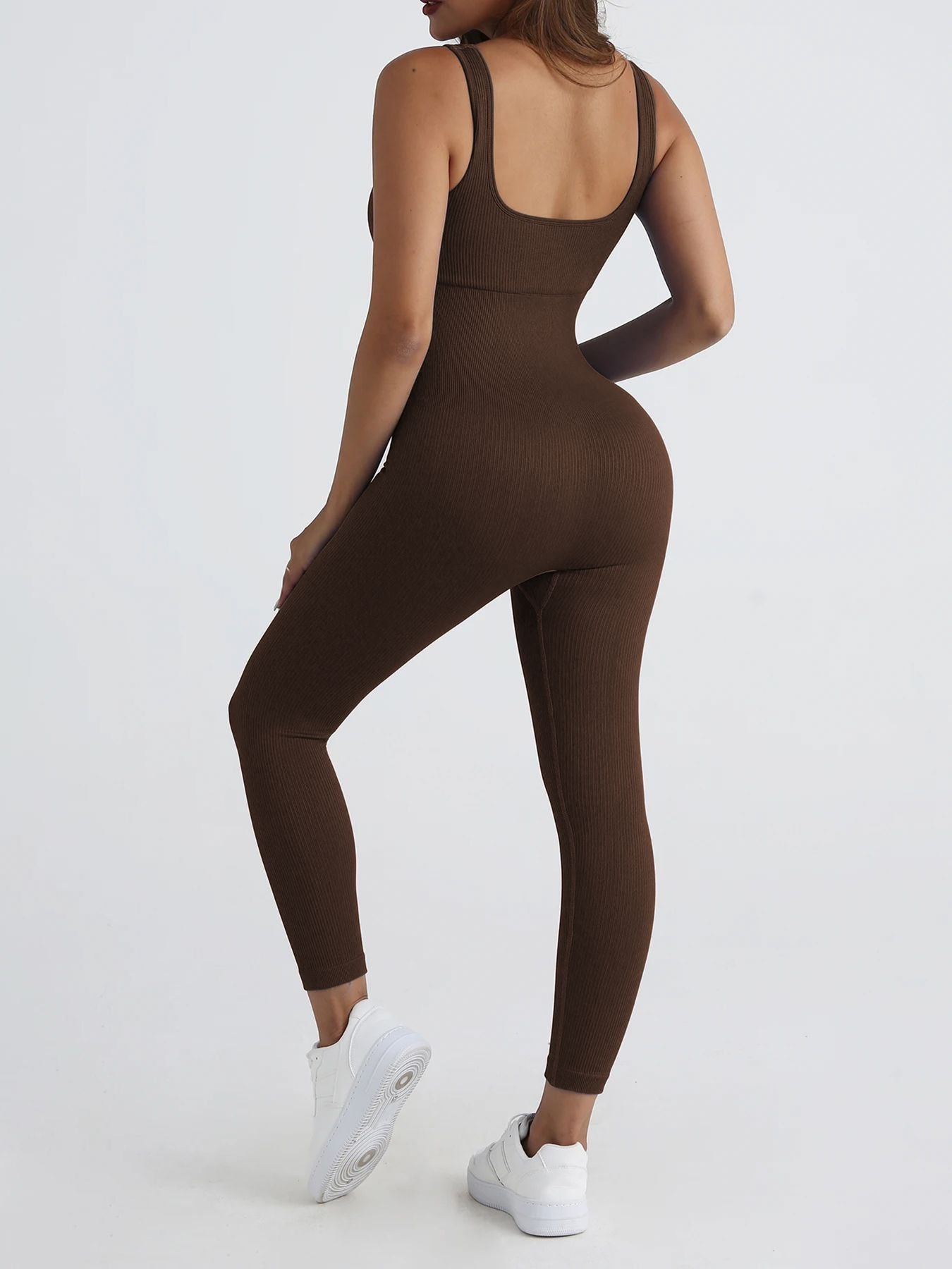 Macacão Sem Costura Feminino de Yoga – Bodycon com Decote Quadrado e Leggings Integradas