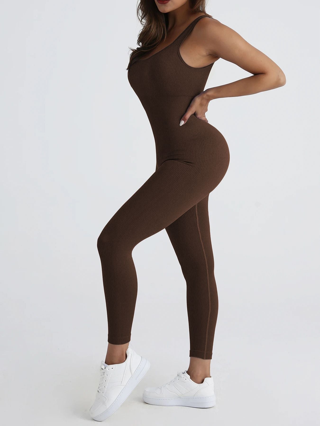 Macacão Sem Costura Feminino de Yoga – Bodycon com Decote Quadrado e Leggings Integradas