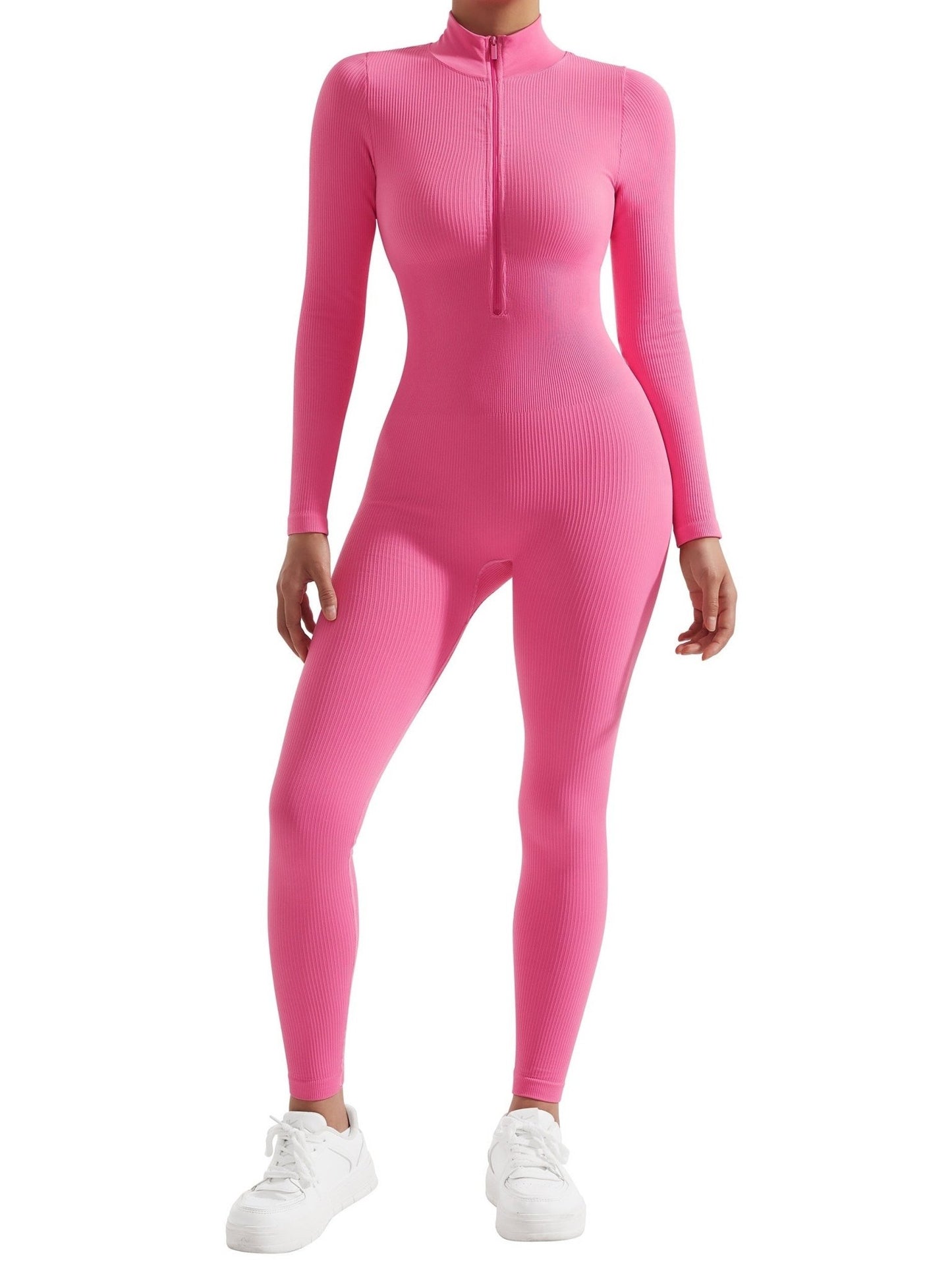 Macacão Feminino de Yoga com Zíper e Gola Alta – Elegância e Funcionalidade no Treino