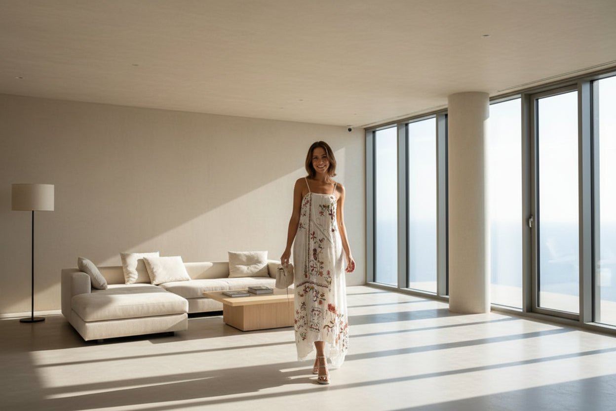 Lakshmi Breeze – Vestido de Verão Ombro a Ombro com Bordado Delicado