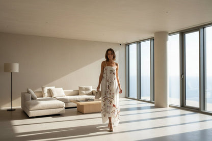 Lakshmi Breeze – Vestido de Verão Ombro a Ombro com Bordado Delicado