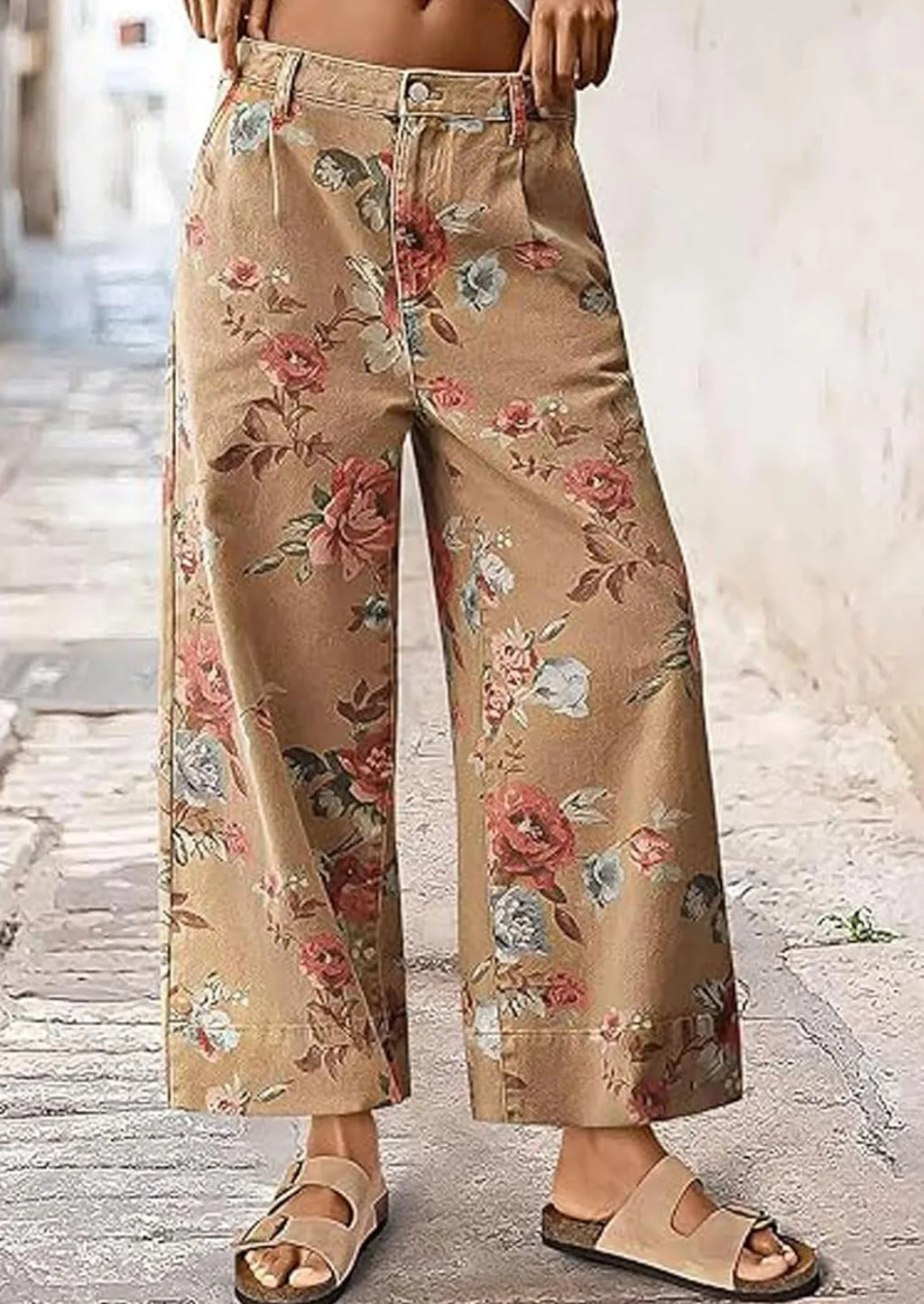 Calças Wide Leg Florais Prana Denim castanho