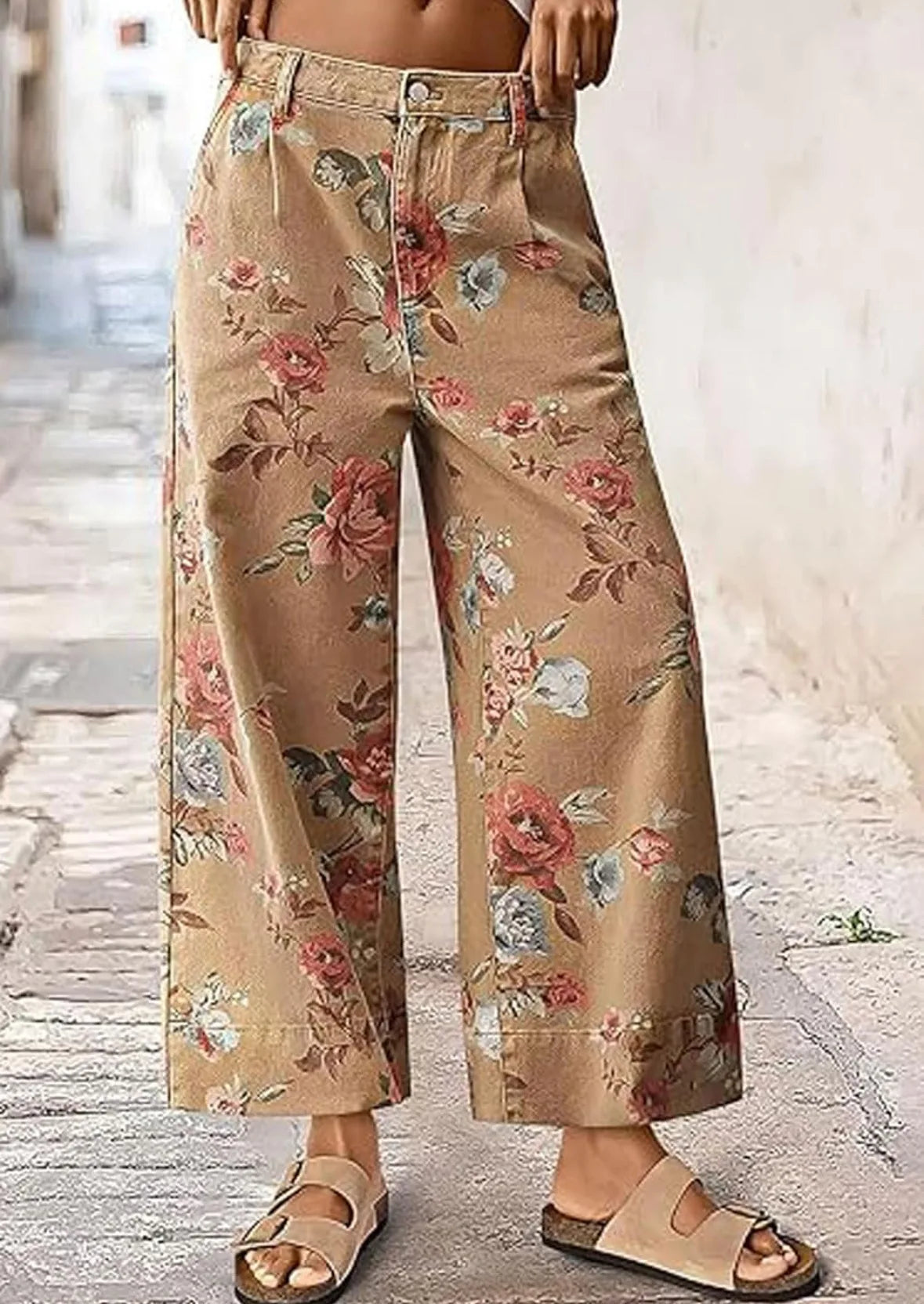 Calças Wide Leg Florais Prana Denim castanho
