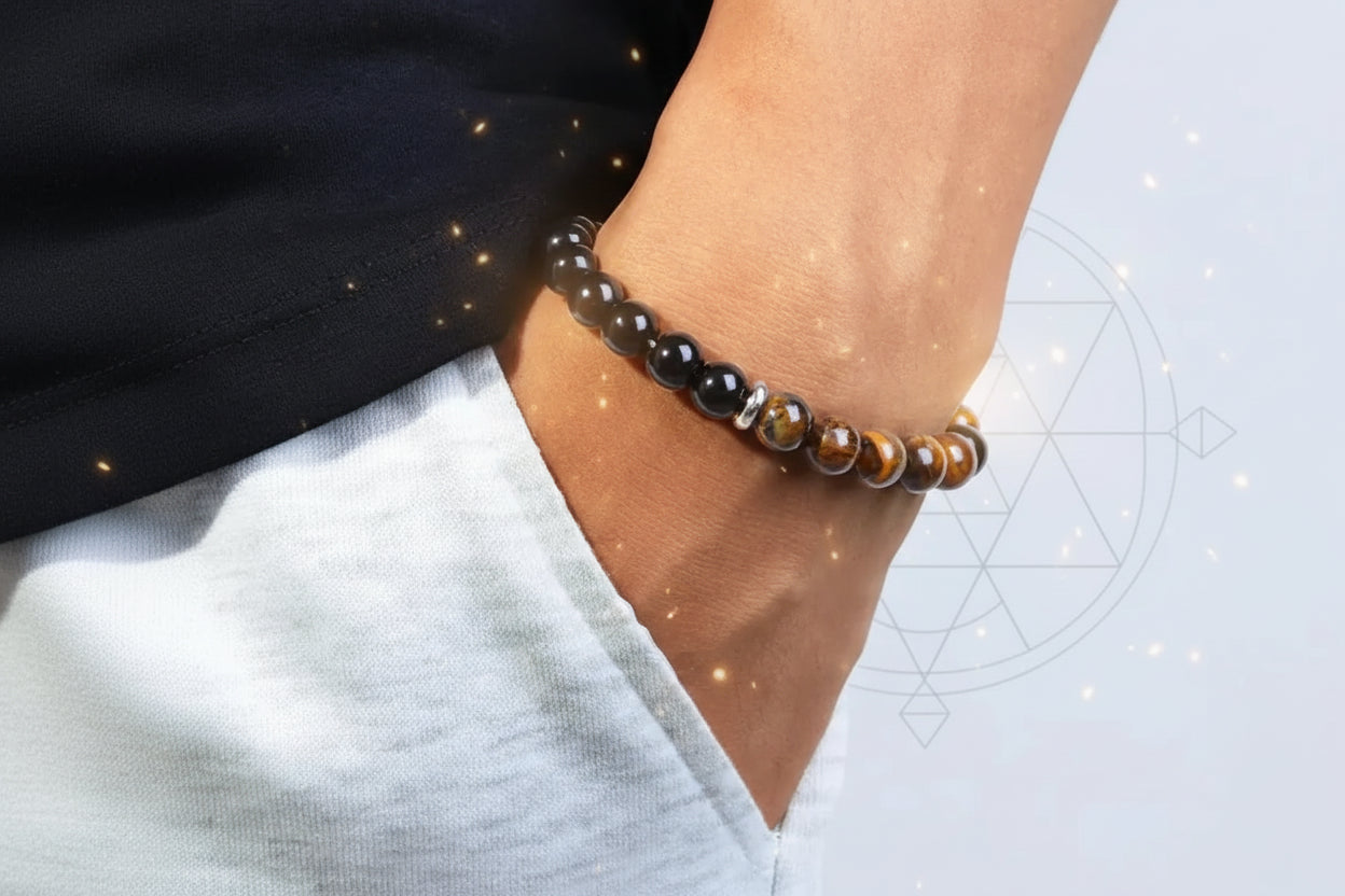 Pulsera Tríada de Protección – Ojo de Tigre, Obsidiana y Hematita