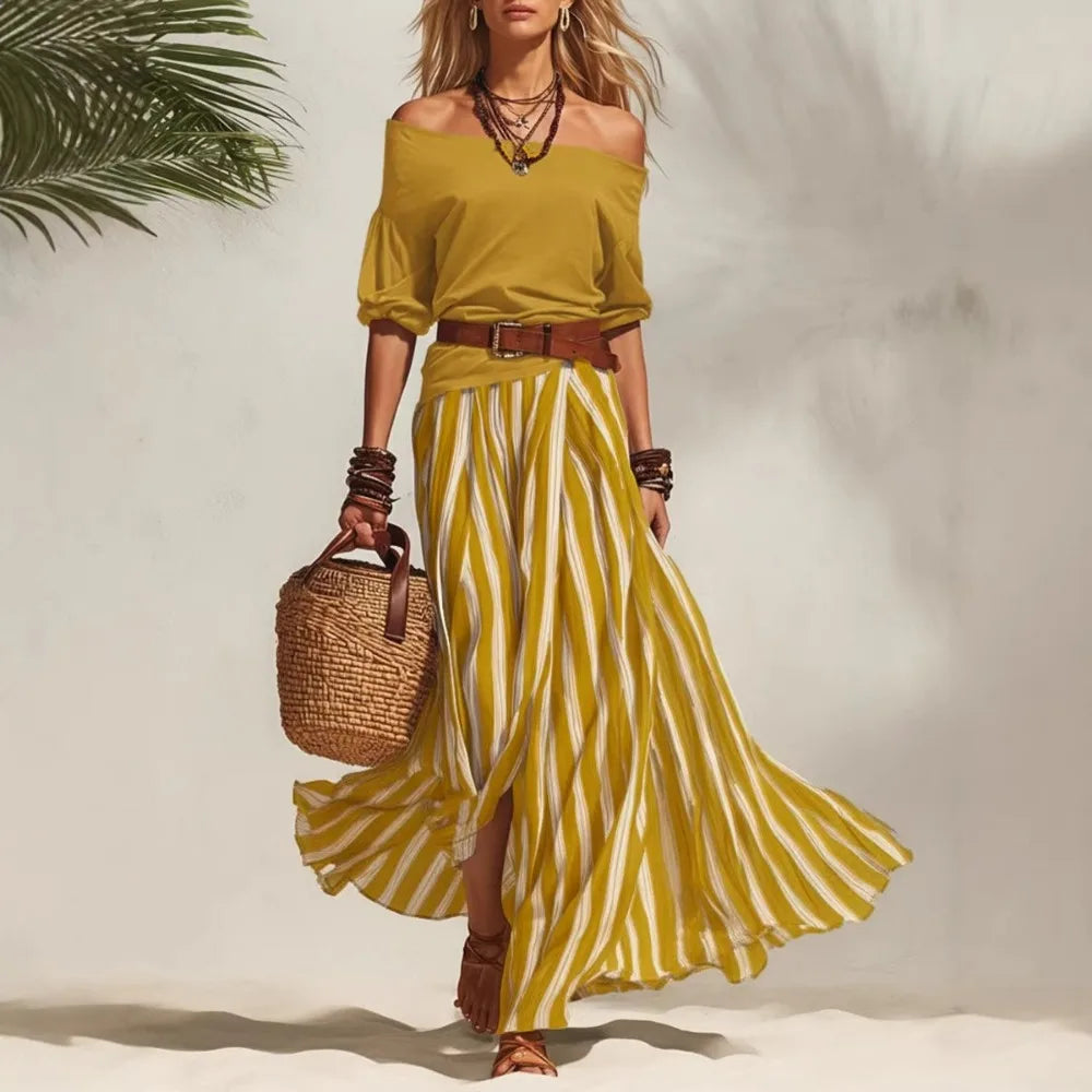 Conjunto feminino boho de top com mangas bufantes e saia comprida às riscas – fotografia 3