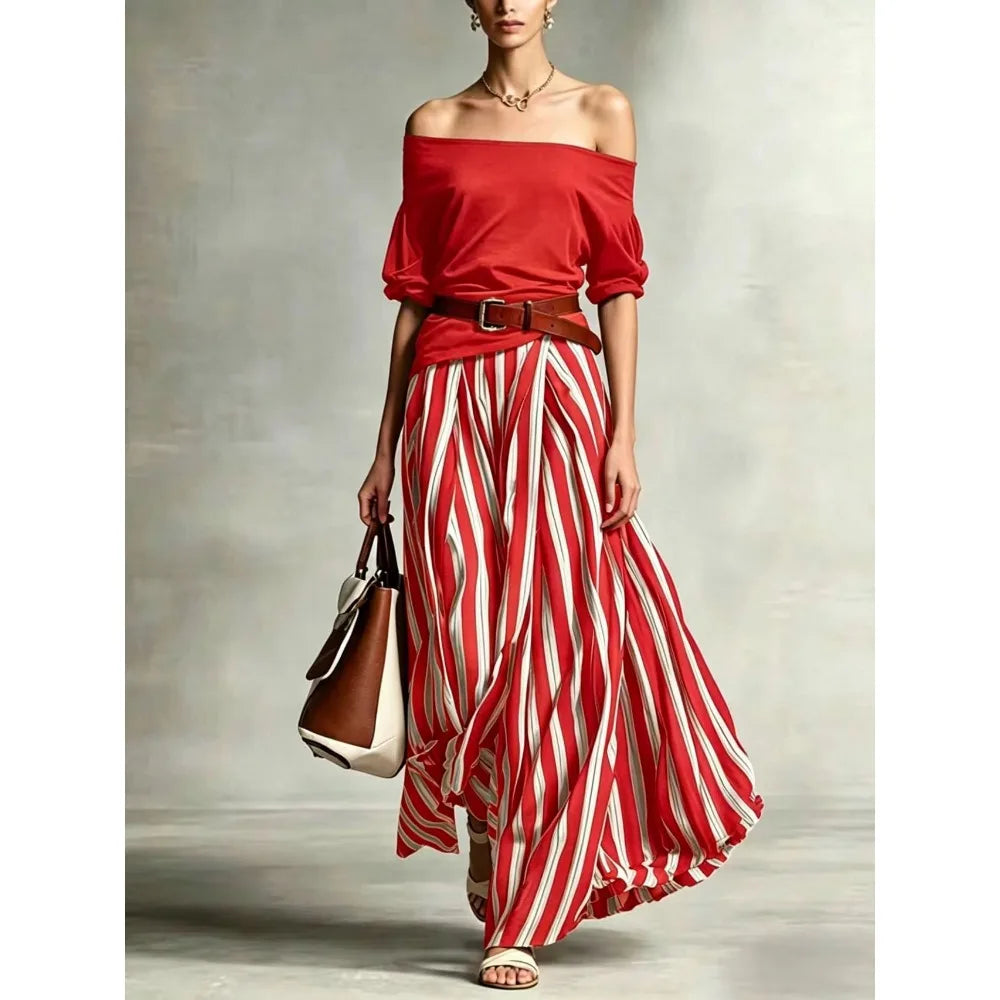 Conjunto feminino boho de top com mangas bufantes e saia comprida às riscas – fotografia 6
