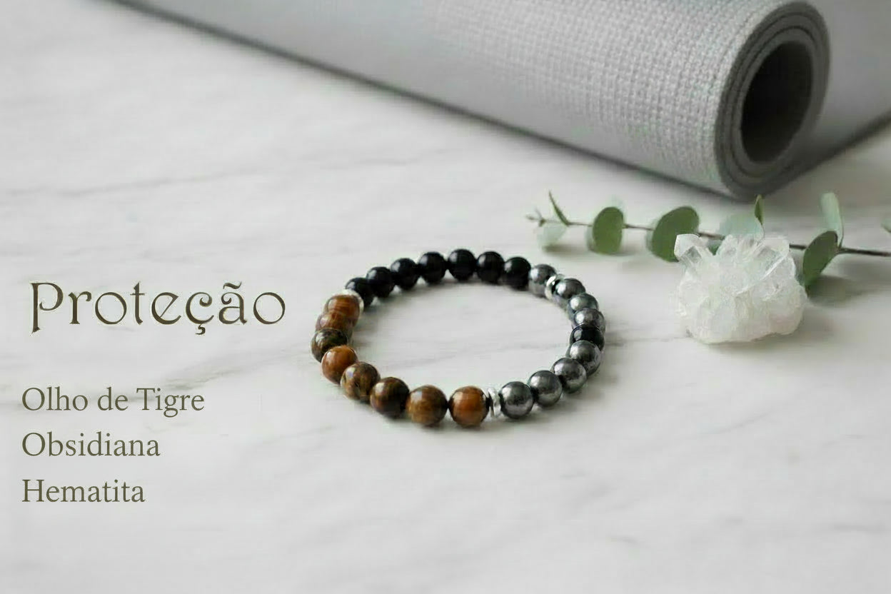 Pulsera Tríada de Protección – Ojo de Tigre, Obsidiana y Hematita