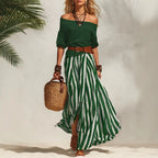 Conjunto feminino boho de top com mangas bufantes e saia comprida às riscas – fotografia 2
