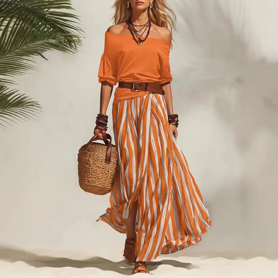 Conjunto feminino boho de top com mangas bufantes e saia comprida às riscas – fotografia 24