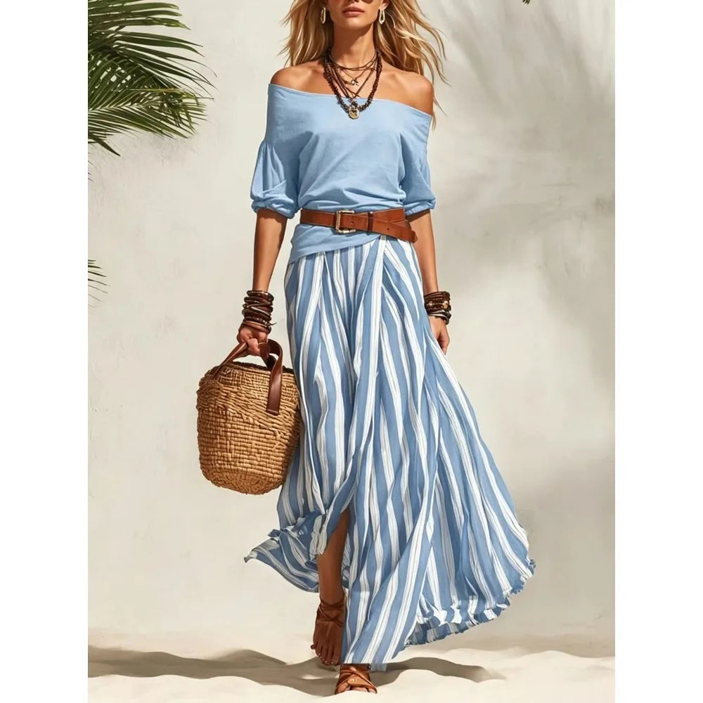 Conjunto feminino boho de top com mangas bufantes e saia comprida às riscas – fotografia 4