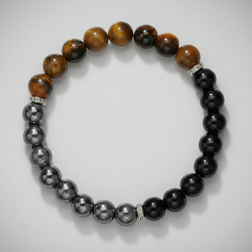 Pulsera Tríada de Protección – Ojo de Tigre, Obsidiana y Hematita