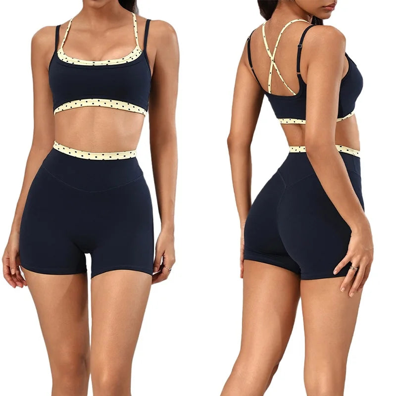 Lila Dot conjunto de yoga feminino com top de alças cruzadas e calções de cintura subida