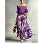 Conjunto feminino boho de top com mangas bufantes e saia comprida às riscas – fotografia 5