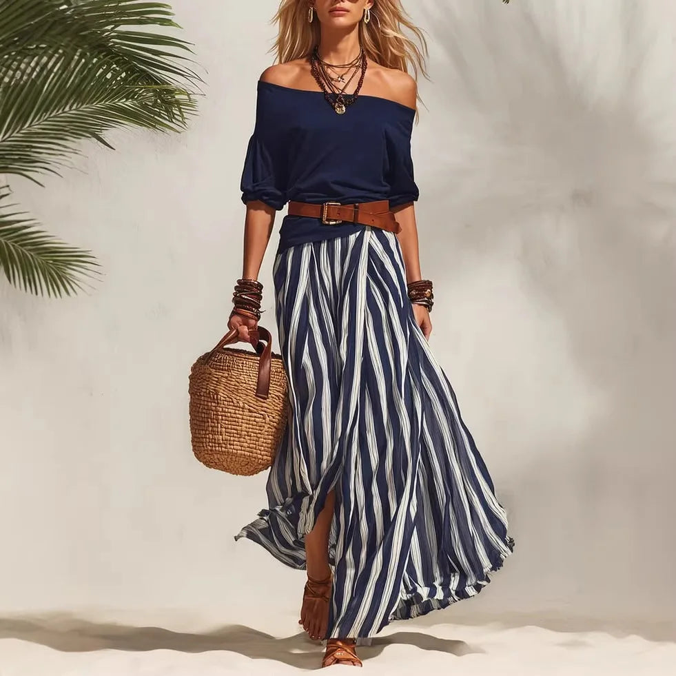 Conjunto feminino boho de top com mangas bufantes e saia comprida às riscas – fotografia 22