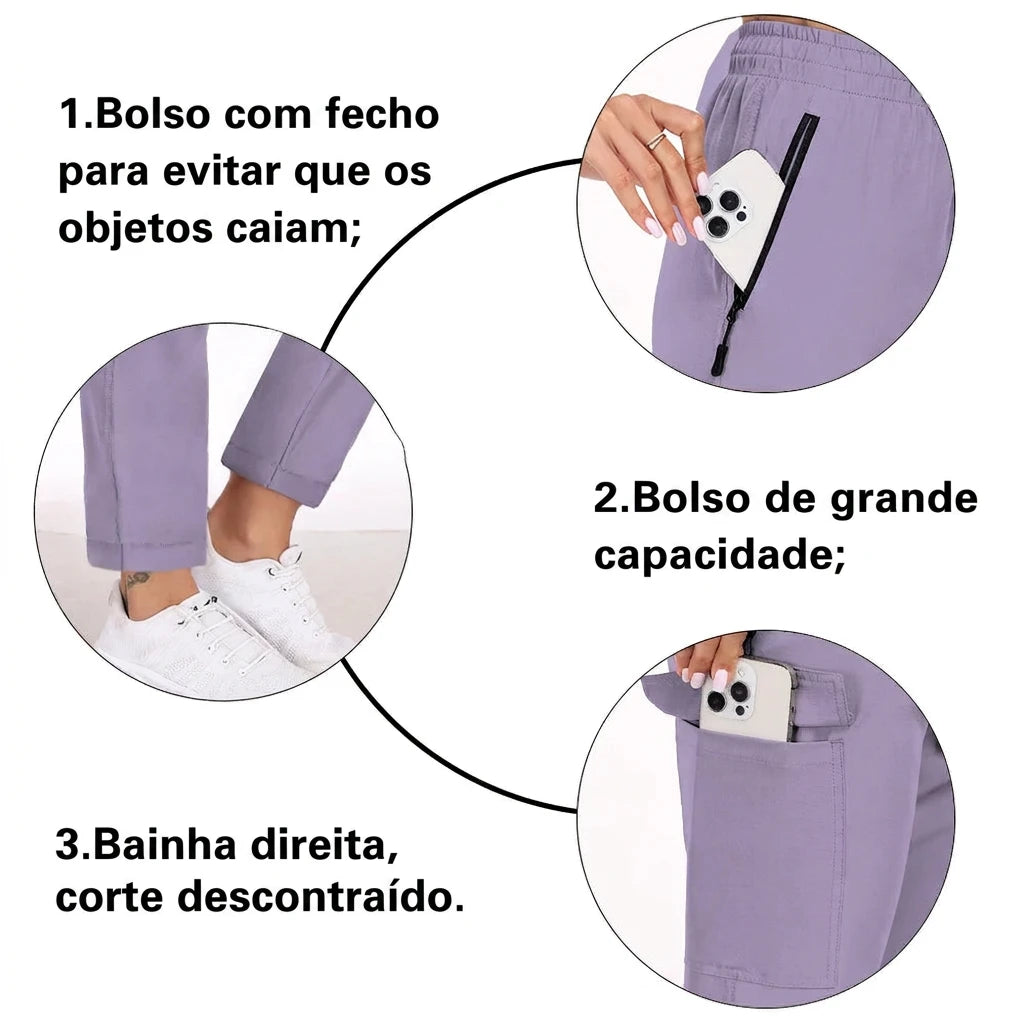 Calças Cargo Essência — detalhes dos bolsos e bainhas