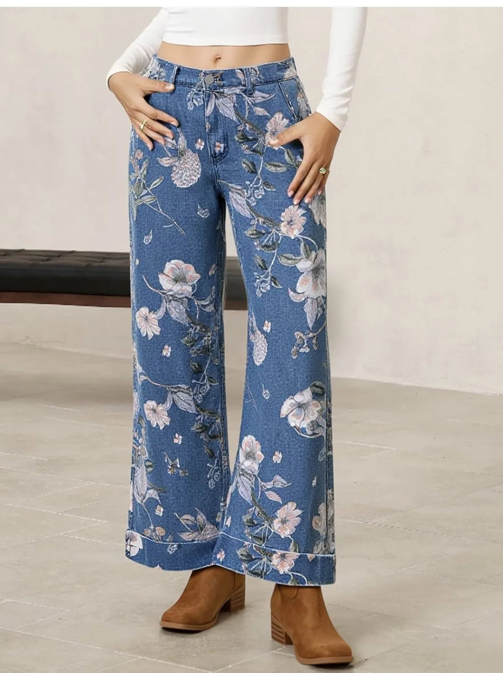 Calças Wide Leg Florais Prana Denim azul