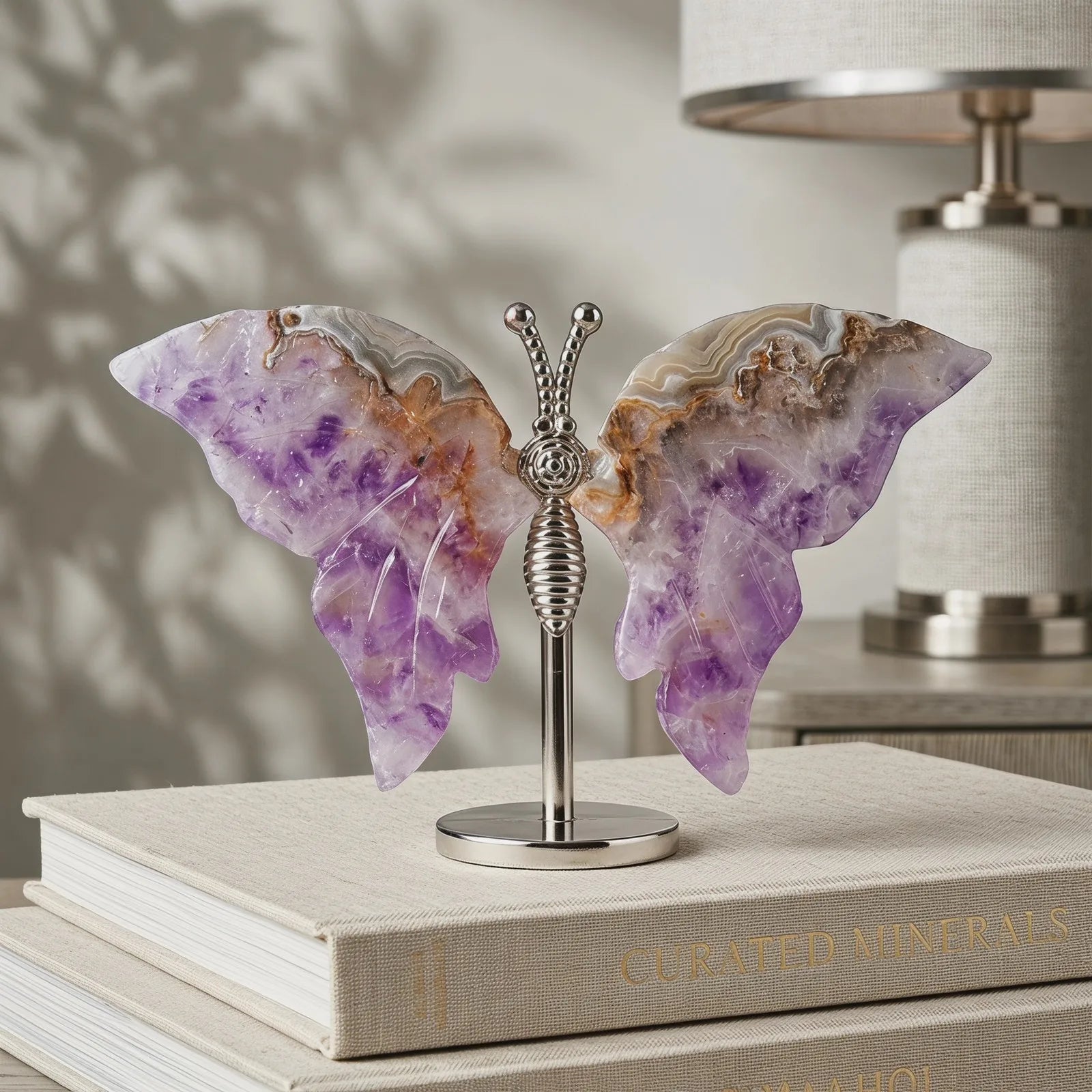 Natural Amethyst Agate+Base Butterfly Crystal Carving Quartz Home Decor Gift
