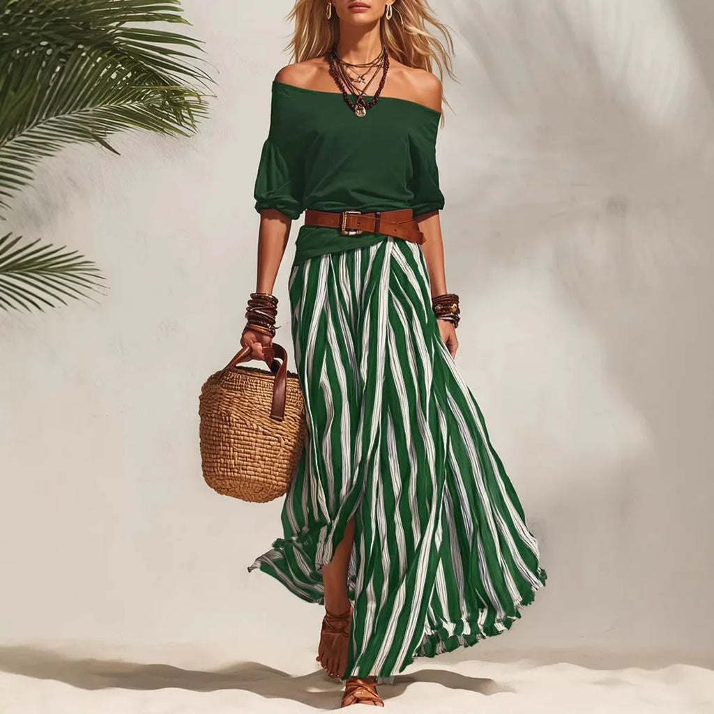 Conjunto feminino boho de top com mangas bufantes e saia comprida às riscas – fotografia 18