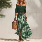Conjunto feminino boho de top com mangas bufantes e saia comprida às riscas – fotografia 18