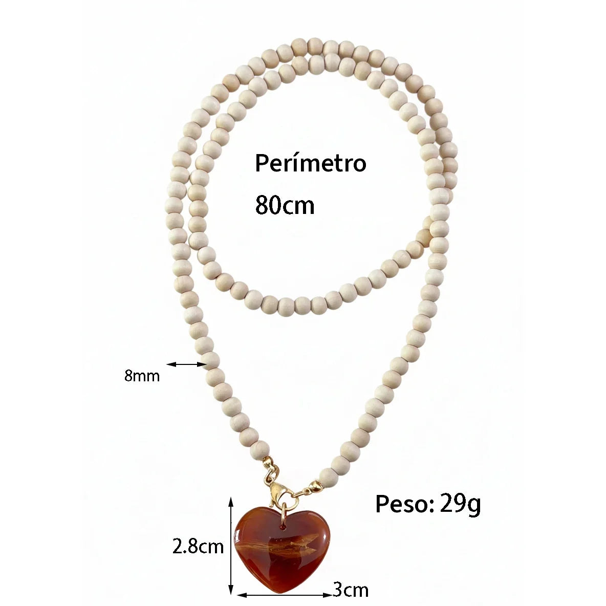 Colar Amber Heart com medidas do comprimento e do pendente indicadas – tabela de medidas
