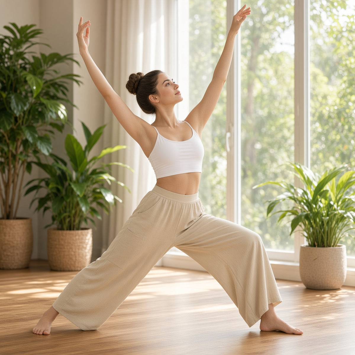 Calças Ananda Air em pose de yoga num estúdio luminoso com plantas
