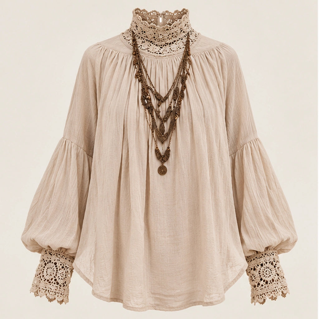 Ananda Lace blusa boho bege em estúdio