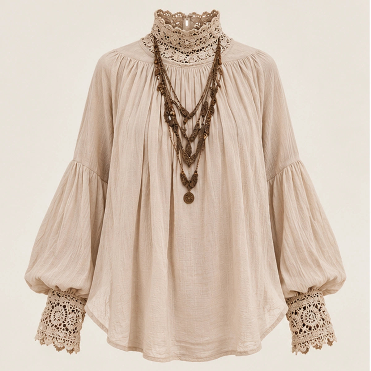 Ananda Lace blusa boho bege em estúdio