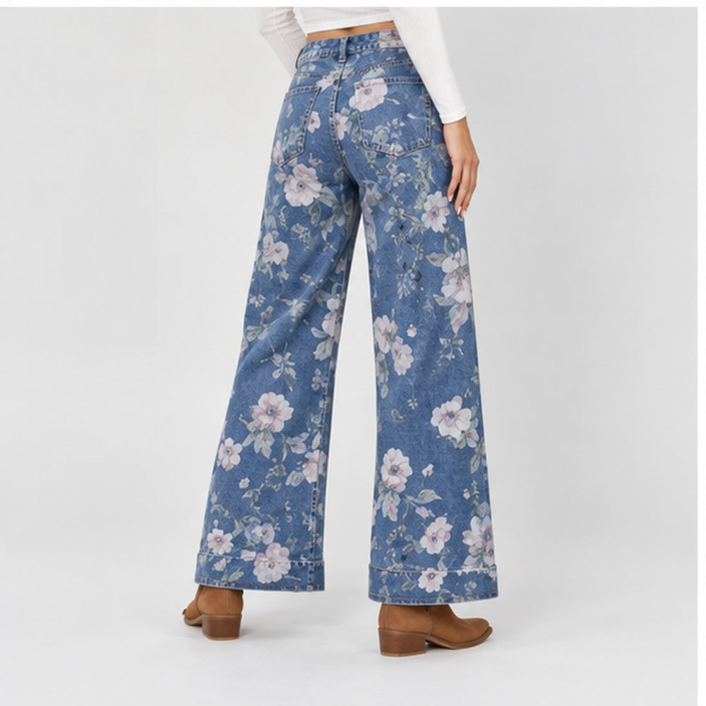 Calças Wide Leg Florais Prana Denim azul - vista posterior