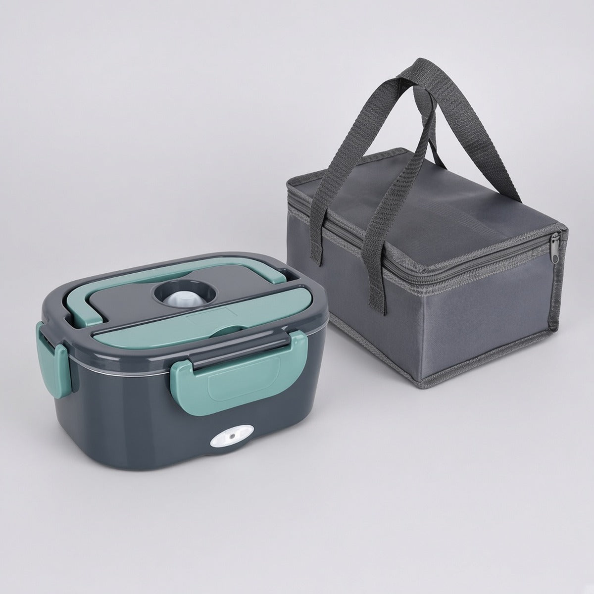 ZenHeat Box – Nutrição Consciente em Movimento – fotografia de estúdio, lancheira elétrica cinzenta com fechos verde-água e saco térmico cinzento