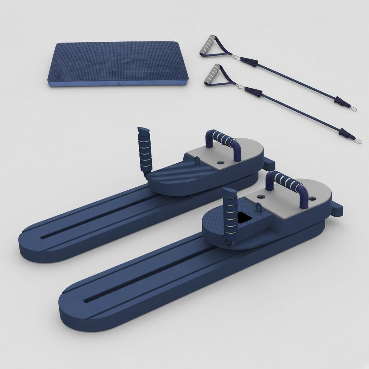 Power Core Trainer – Energia e Performance – fotografia de estúdio, prancha de pilates azul dividida com pegas, bandas de resistência e almofada de joelhos