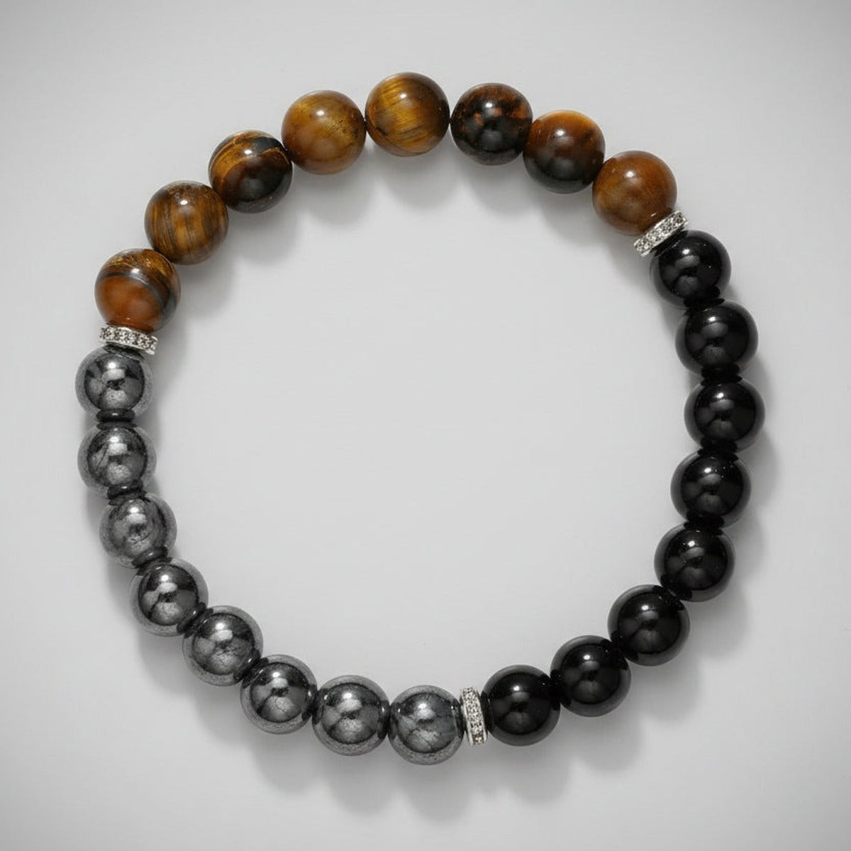 Pulseira Tríade de Proteção – Olho de Tigre, Obsidiana e Hematita – capa em estúdio