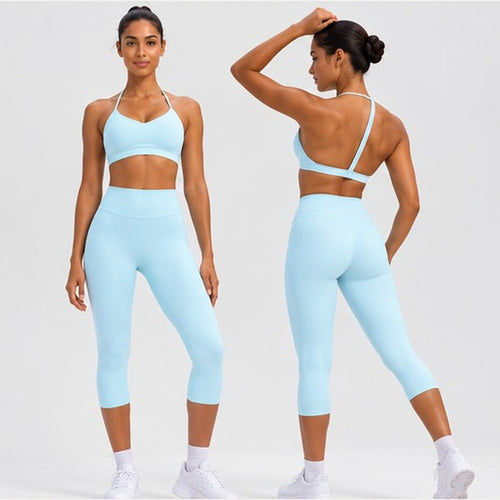 Conjunto de Yoga 2 Peças Shakti Ease azul claro em estúdio - frente e costas