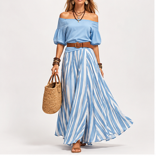Desert Bloom – capa de estúdio, conjunto azul-claro e saia às riscas