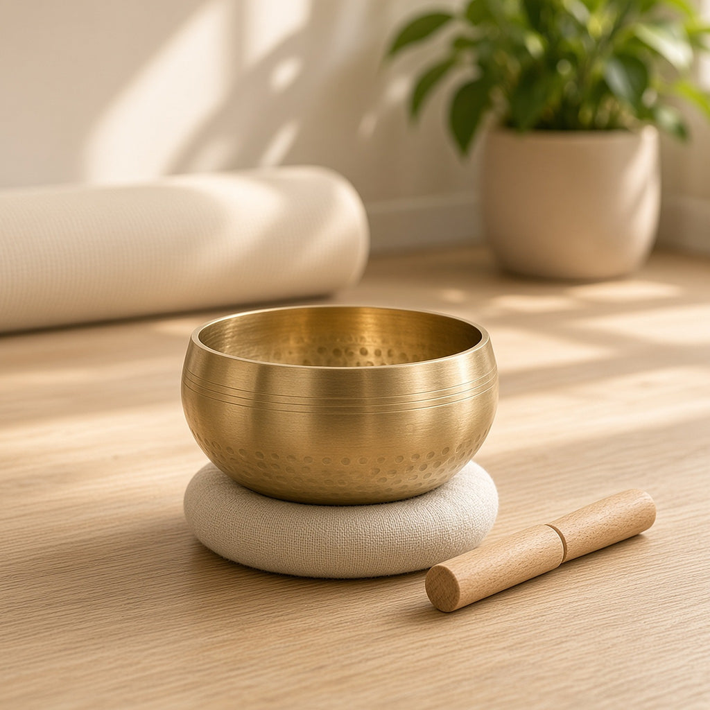 Tigela tibetana Dhvani em latão num ambiente de meditação