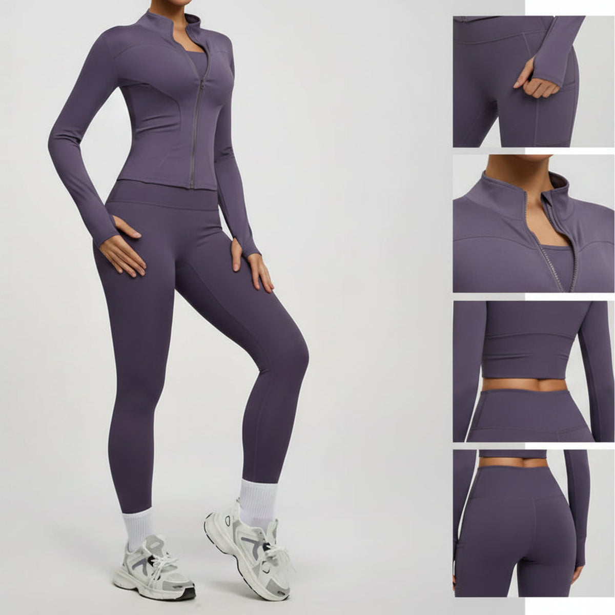 Conjunto Spirit Flow Harmony roxo com casaco e leggings e detalhes – infografia
