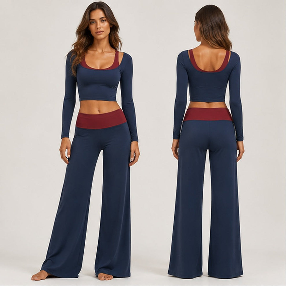 Conjunto de Yoga 2 Peças Shakti Contrast azul marinho e vermelho em estúdio