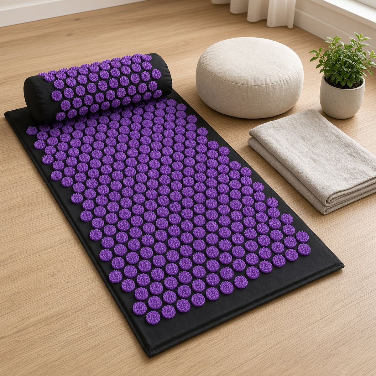 Tapete de acupressão Kamala com almofada num espaço de relaxamento