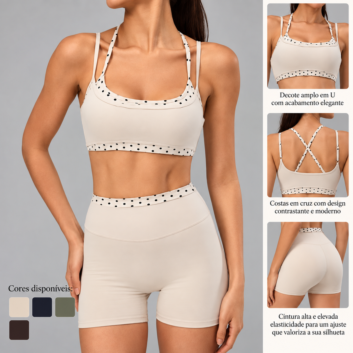 Lila Dot conjunto de yoga em bege com detalhes do decote, costas cruzadas, cintura alta e cores disponíveis