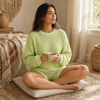 Camisola Shlama Ease verde-lima numa sala acolhedora com mantas de linho