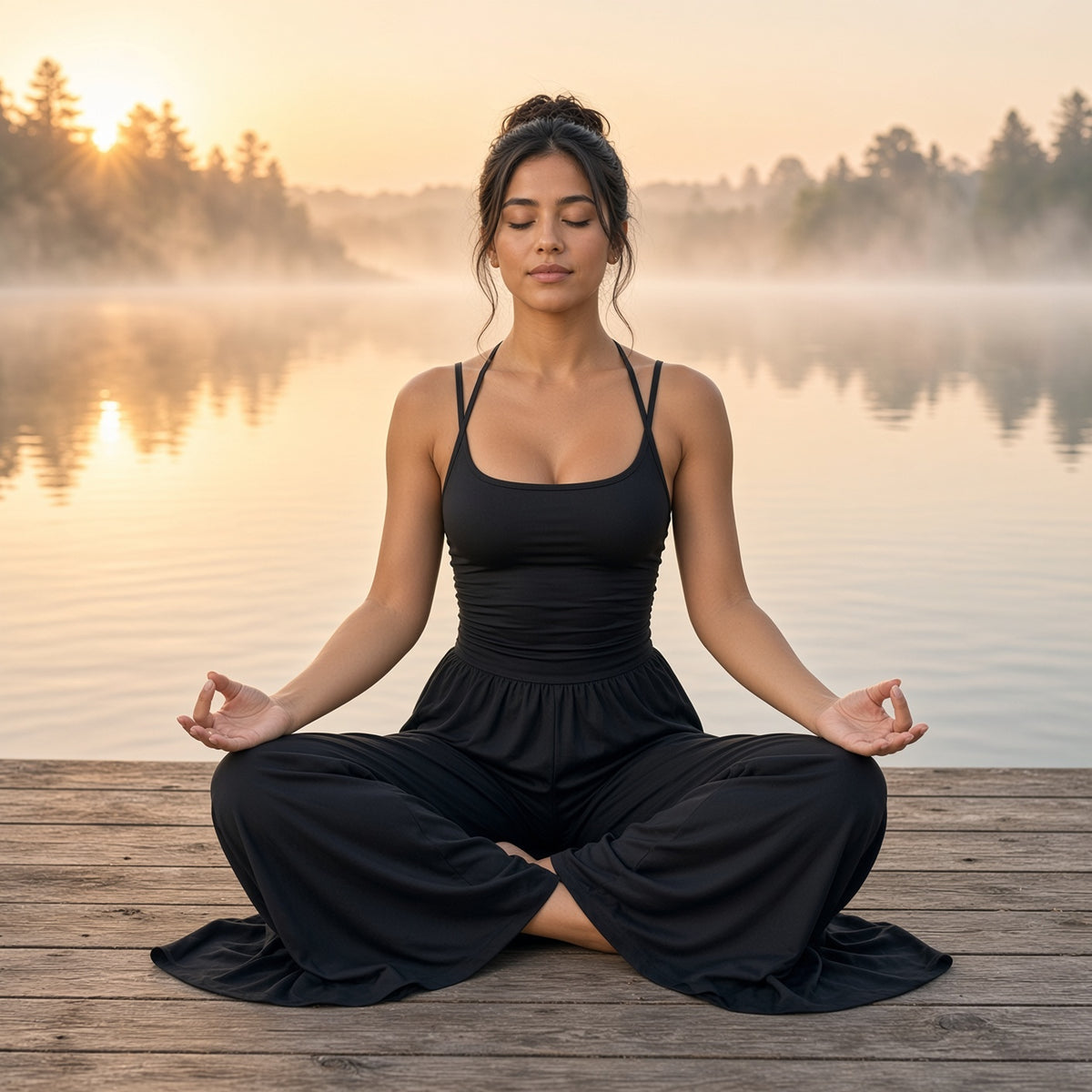 Macacão Solace preto em meditação num deck junto a um lago ao amanhecer