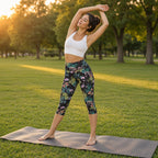 Leggings ActiveGrace em alongamento num relvado de parque ao pôr do sol