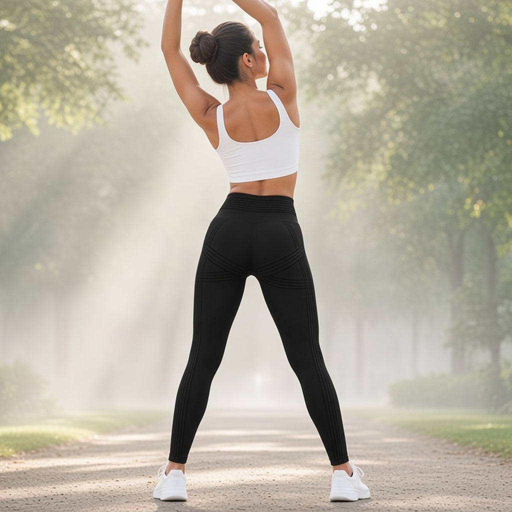 Leggings Eclipse Sculpt pretas em trilho de jardim ao amanhecer