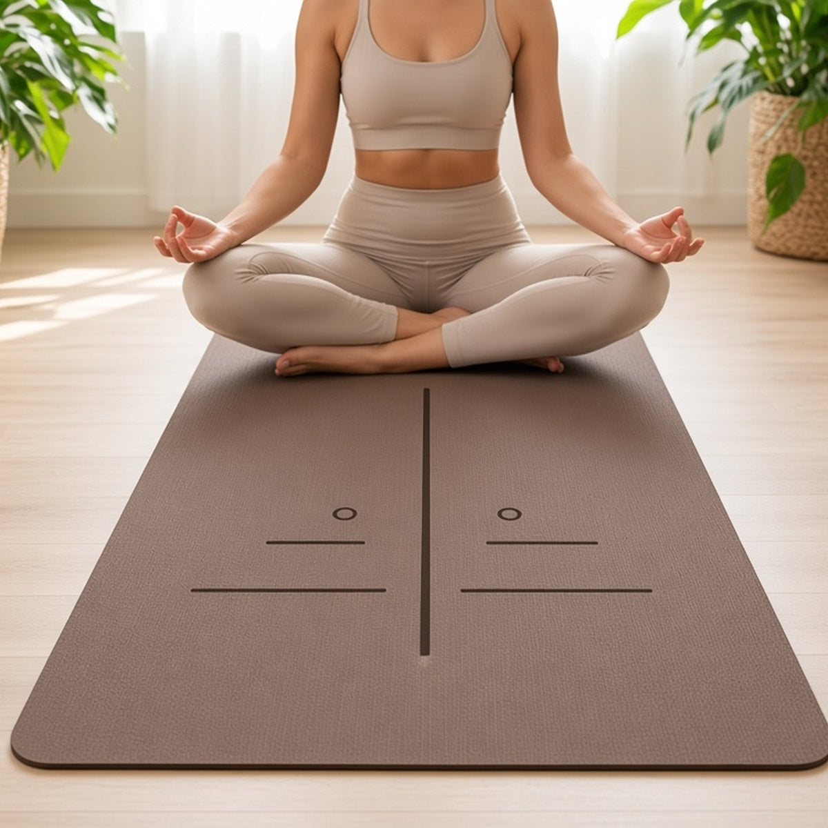 Tapete de yoga Anahra Ground castanho âmbar numa sala luminosa