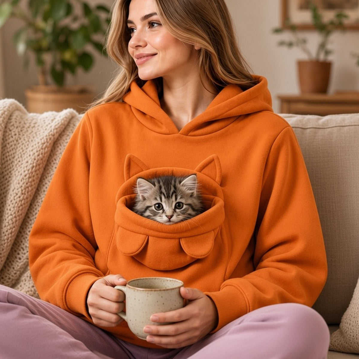 Sweatshirt Prana Pet laranja com gatinho na bolsa, num sofá