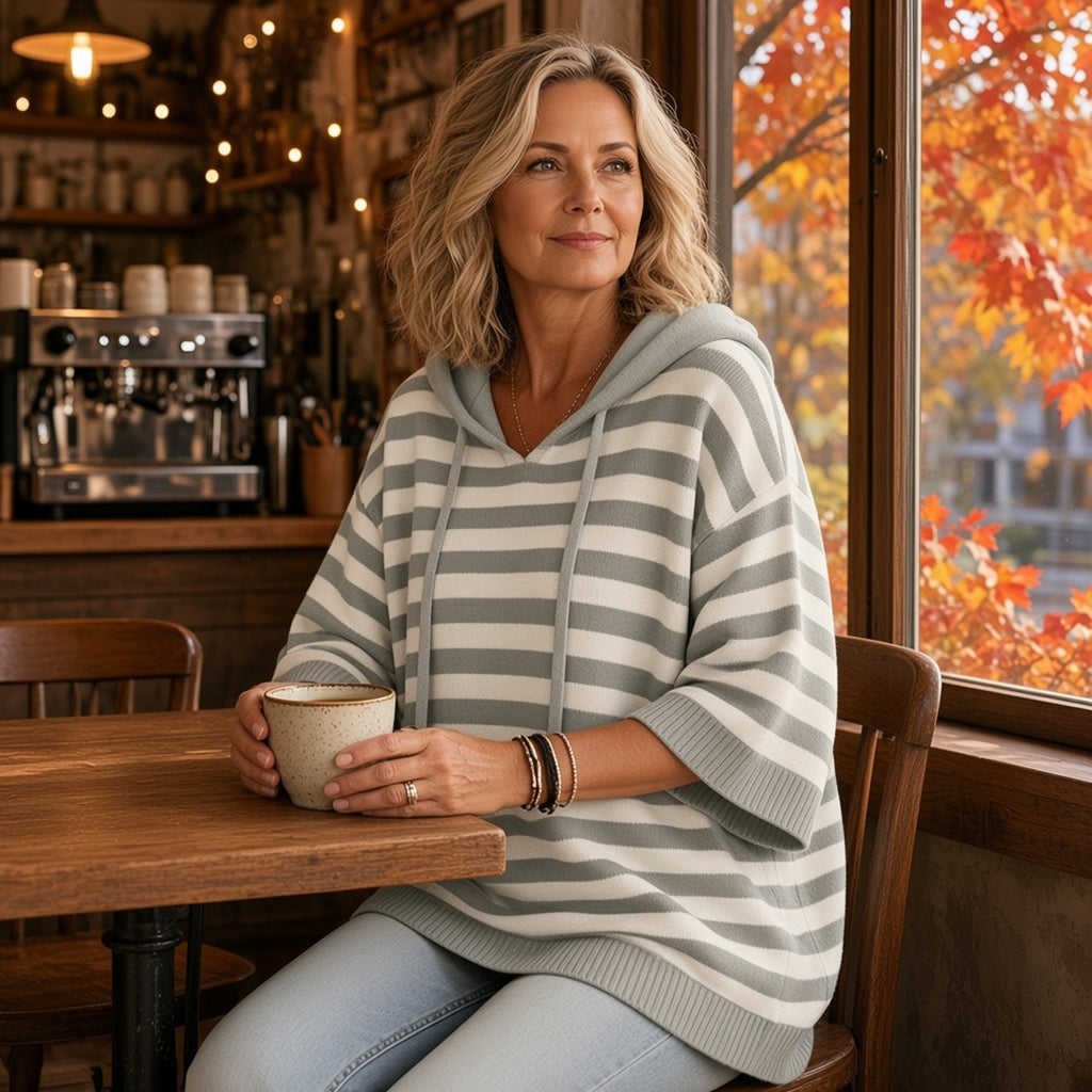 Camisola de malha com capuz Prana Stripe cinzenta às riscas num café